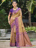 Timeless Dark Beige Floral Zari Work Silk Blend Saree With Designer Tassels Pallu