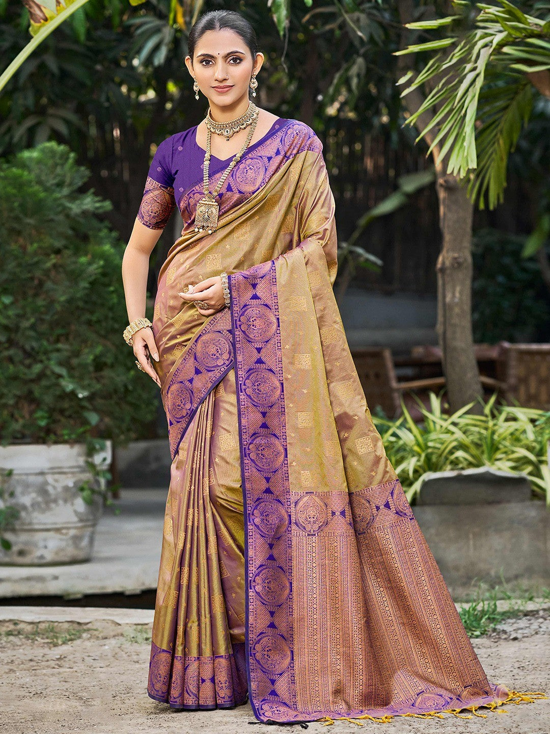 Timeless Dark Beige Floral Zari Work Silk Blend Saree With Designer Tassels Pallu