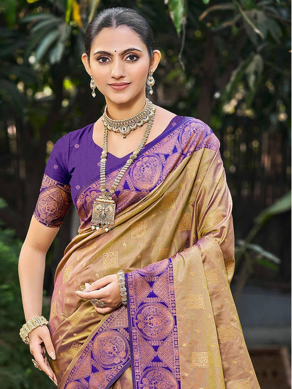 Timeless Dark Beige Floral Zari Work Silk Blend Saree With Designer Tassels Pallu