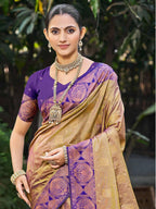Timeless Dark Beige Floral Zari Work Silk Blend Saree With Designer Tassels Pallu