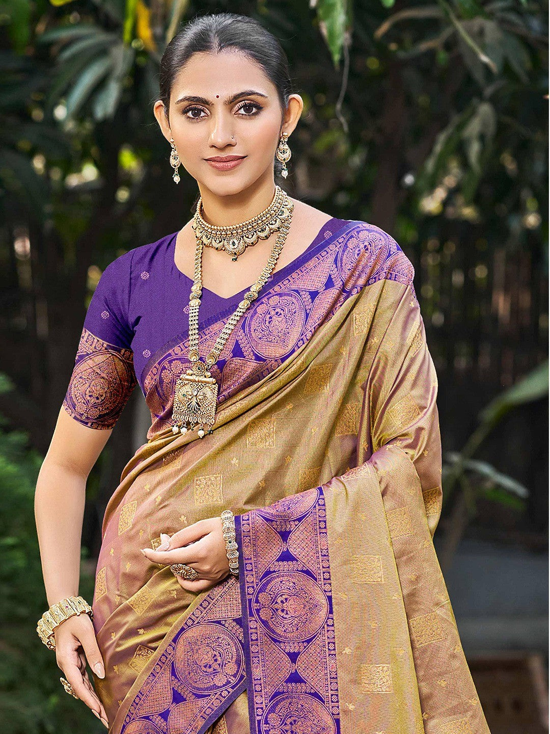 Timeless Dark Beige Floral Zari Work Silk Blend Saree With Designer Tassels Pallu