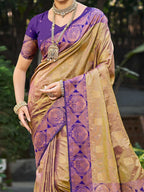 Timeless Dark Beige Floral Zari Work Silk Blend Saree With Designer Tassels Pallu