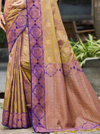 Timeless Dark Beige Floral Zari Work Silk Blend Saree With Designer Tassels Pallu