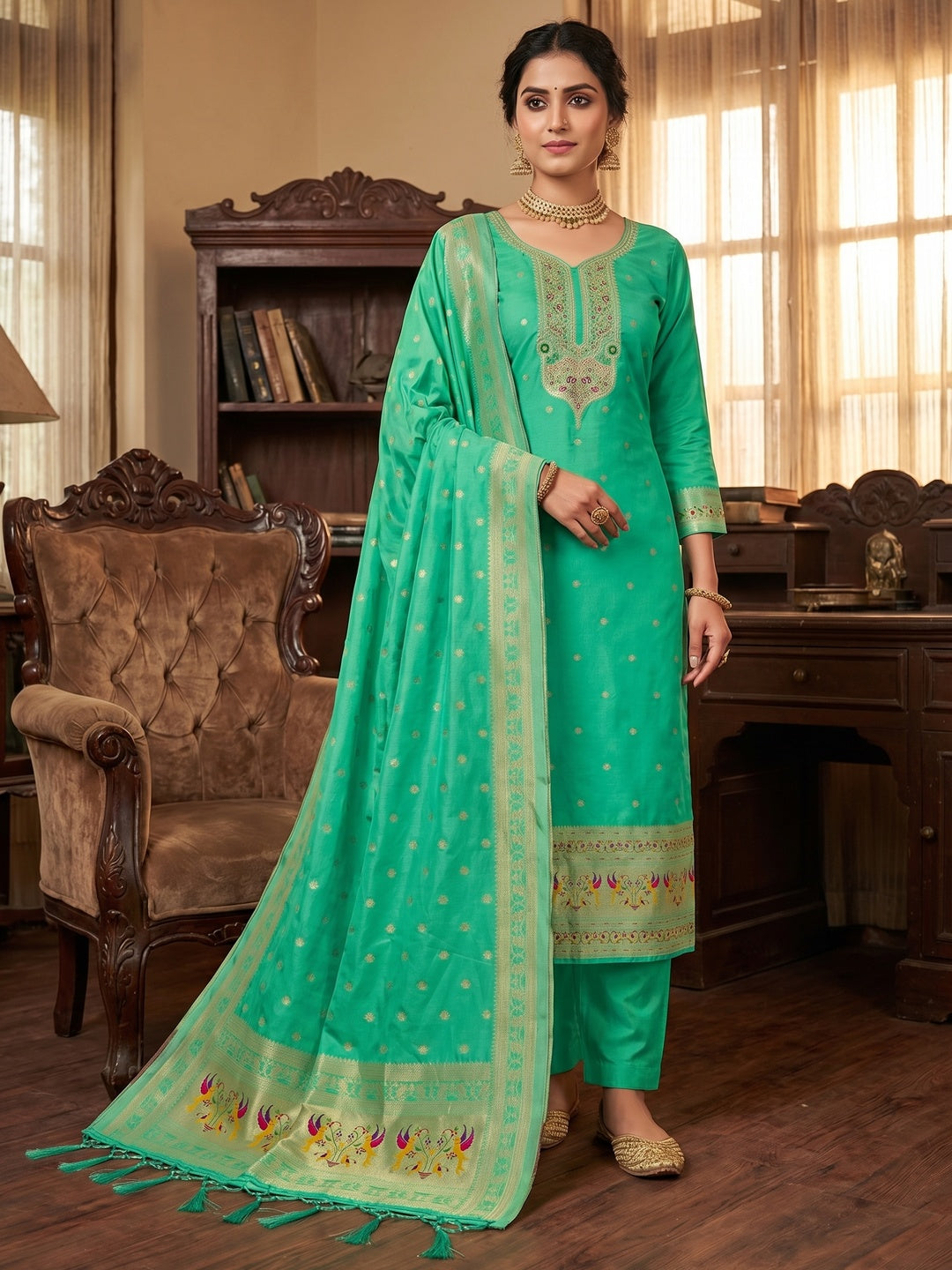 Elegant Sea Green Banarasi Silk Unstitched Dress Material with Dupatta