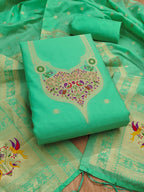 Elegant Sea Green Banarasi Silk Unstitched Dress Material with Dupatta