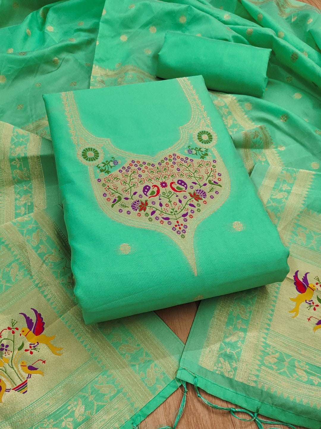 Elegant Sea Green Banarasi Silk Unstitched Dress Material with Dupatta