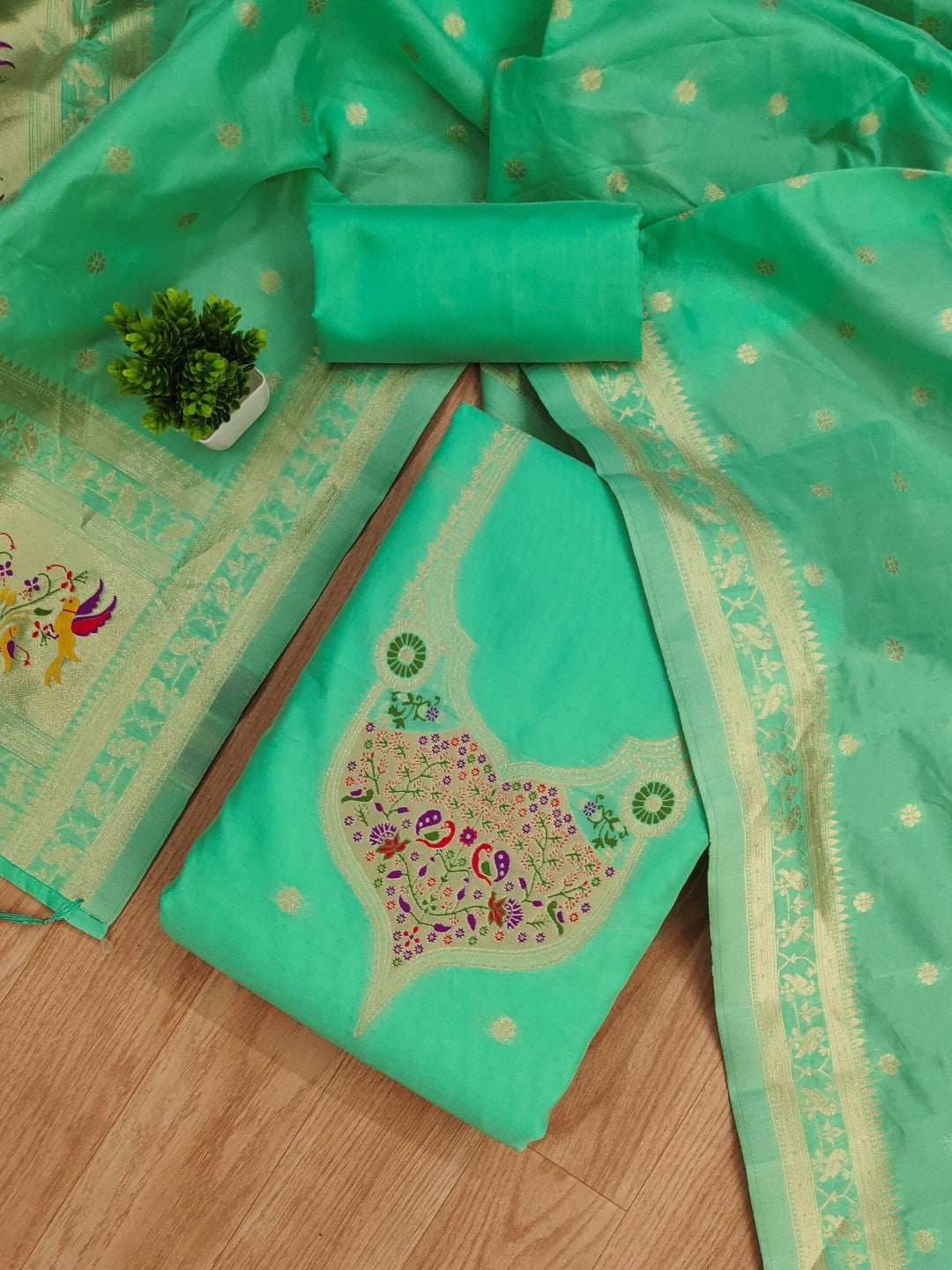 Elegant Sea Green Banarasi Silk Unstitched Dress Material with Dupatta