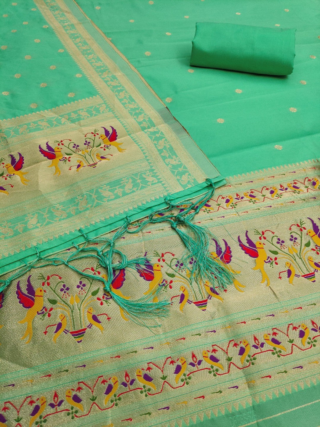 Elegant Sea Green Banarasi Silk Unstitched Dress Material with Dupatta