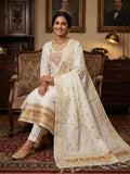 Elegant White Banarasi Silk Unstitched Dress Material with Dupatta
