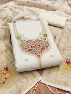Elegant White Banarasi Silk Unstitched Dress Material with Dupatta