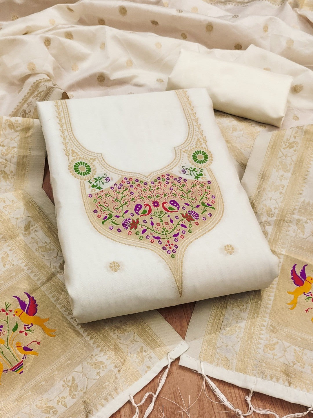 Elegant White Banarasi Silk Unstitched Dress Material with Dupatta