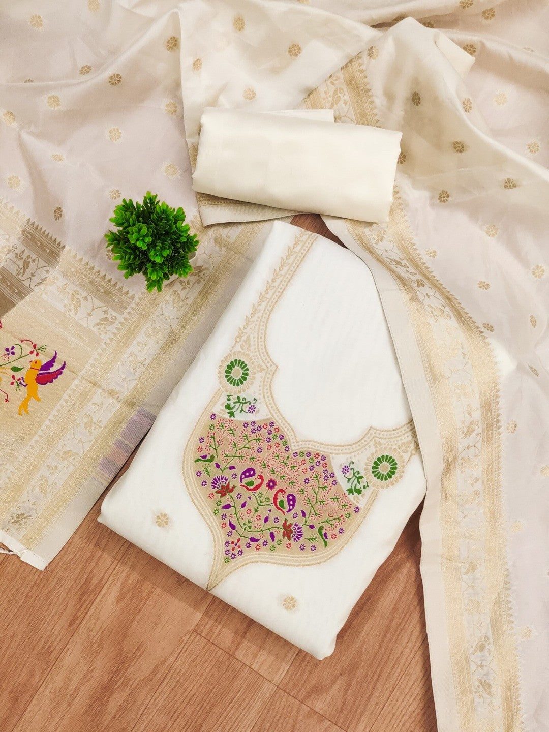 Elegant White Banarasi Silk Unstitched Dress Material with Dupatta