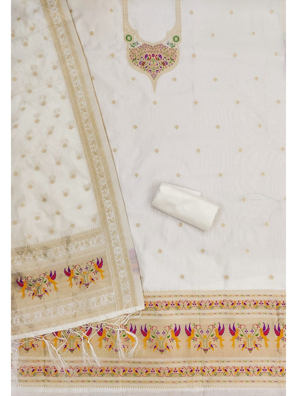 Elegant White Banarasi Silk Unstitched Dress Material with Dupatta