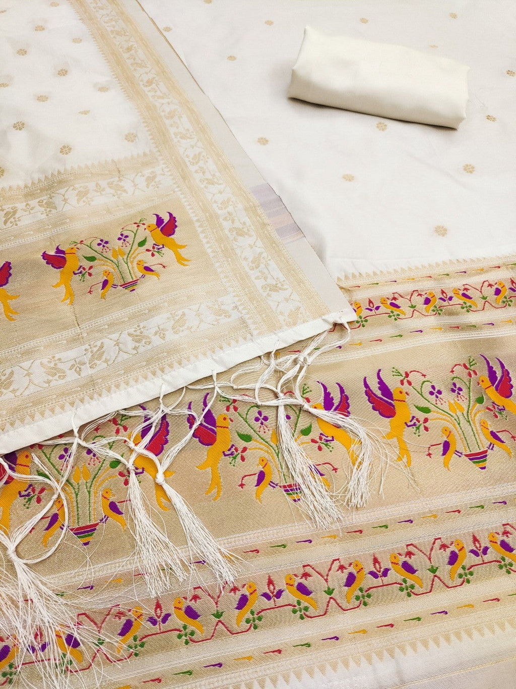 Elegant White Banarasi Silk Unstitched Dress Material with Dupatta