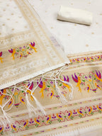 Elegant White Banarasi Silk Unstitched Dress Material with Dupatta