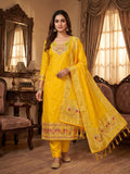 Elegant Yellow Banarasi Silk Unstitched Dress Material with Dupatta