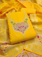 Elegant Yellow Banarasi Silk Unstitched Dress Material with Dupatta