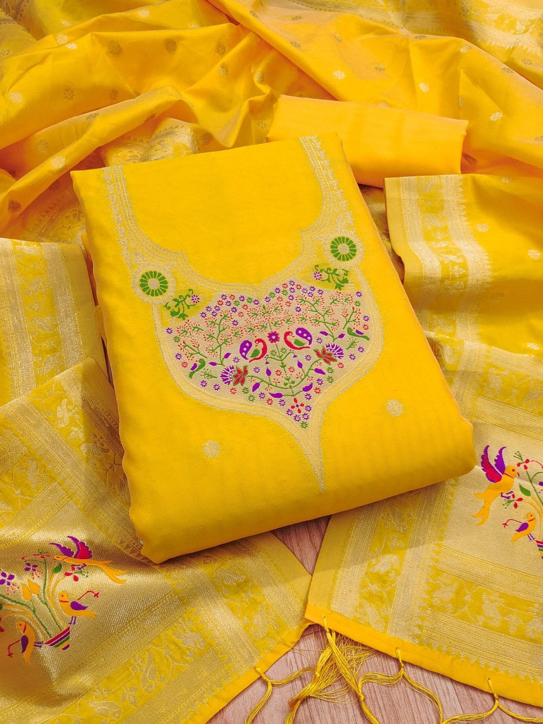 Elegant Yellow Banarasi Silk Unstitched Dress Material with Dupatta