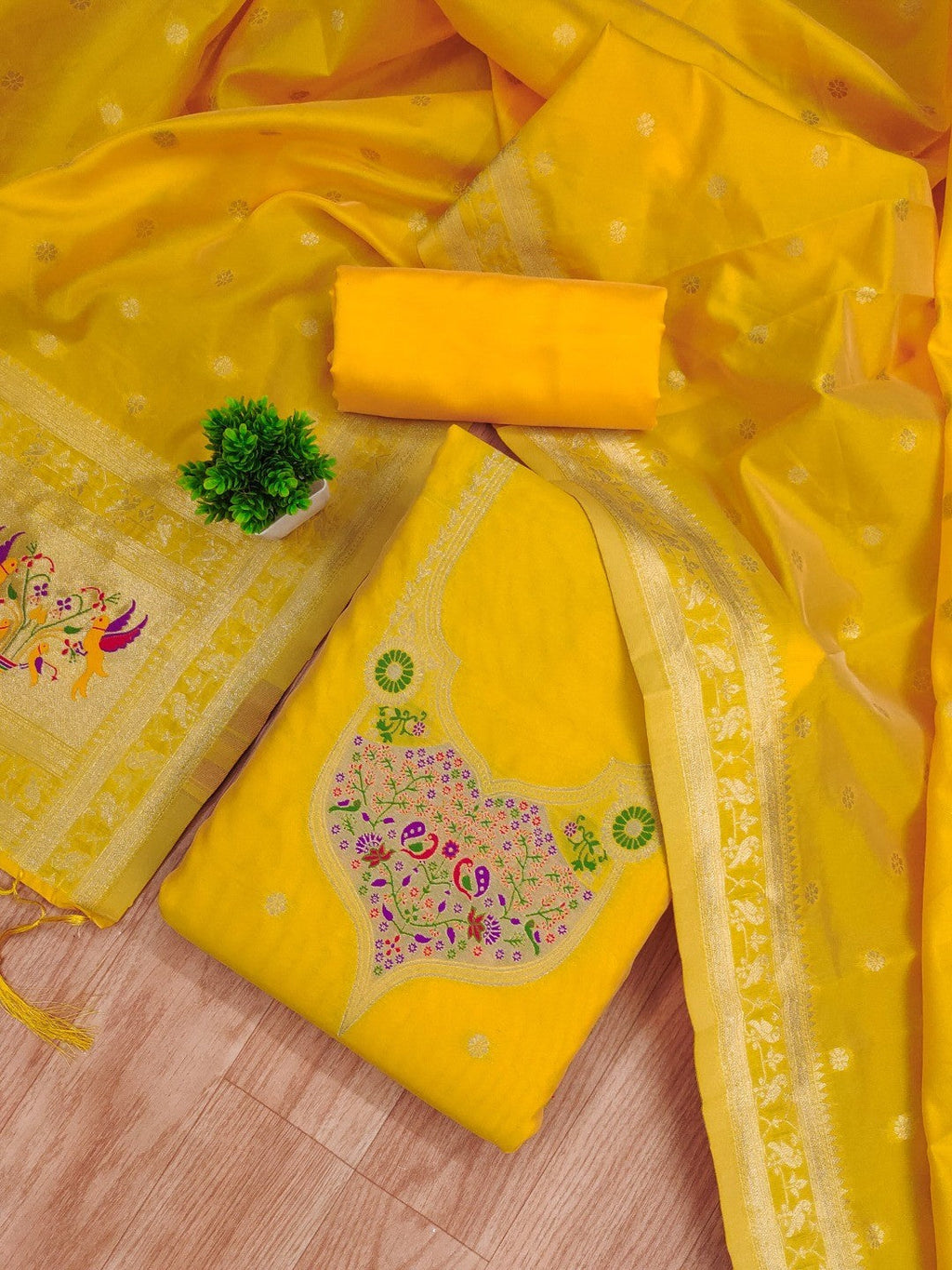 Elegant Yellow Banarasi Silk Unstitched Dress Material with Dupatta