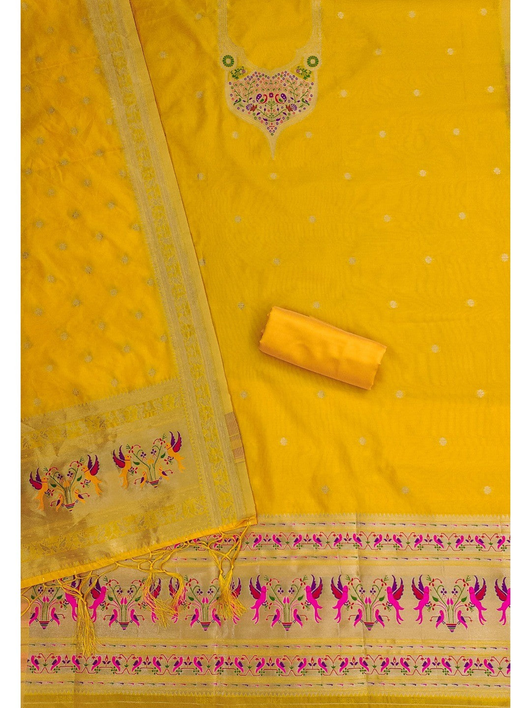 Elegant Yellow Banarasi Silk Unstitched Dress Material with Dupatta