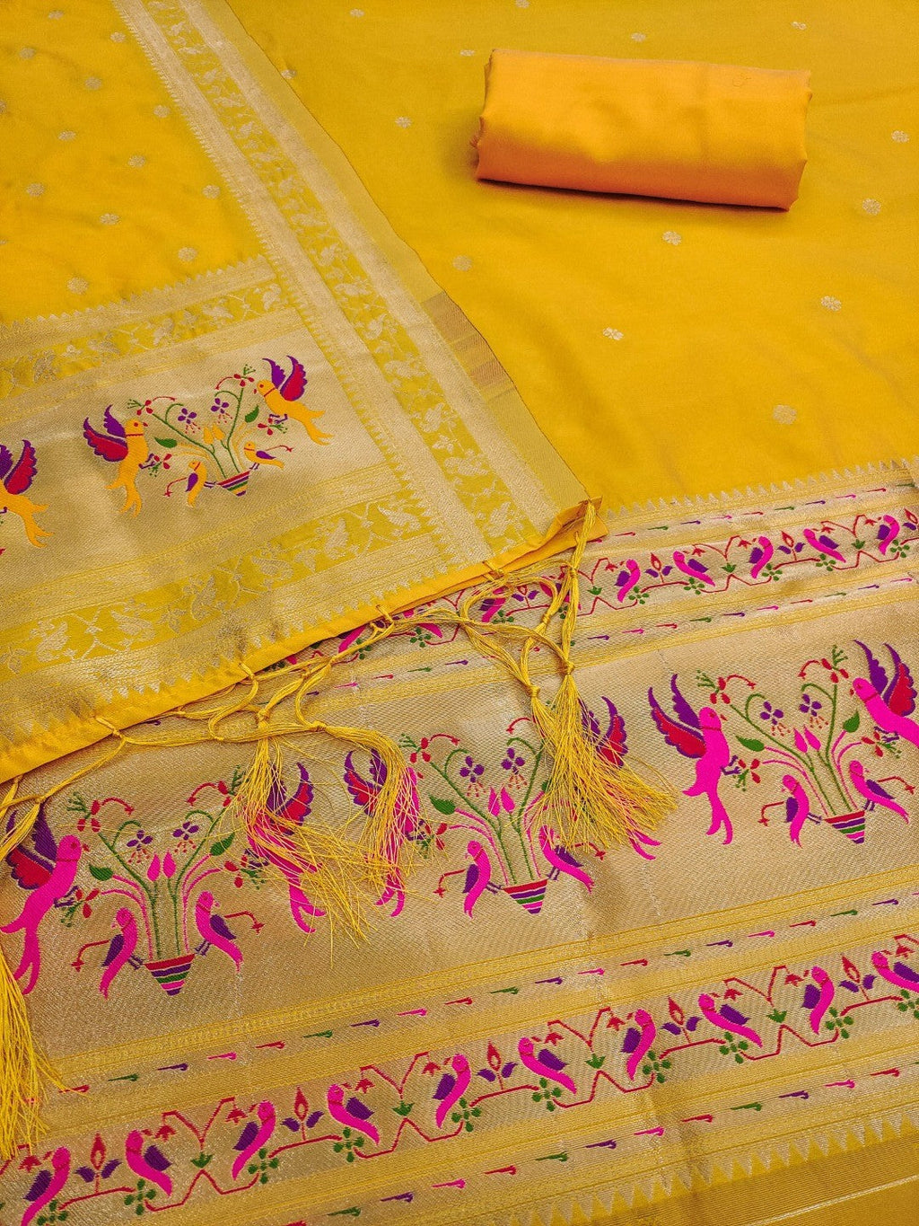 Elegant Yellow Banarasi Silk Unstitched Dress Material with Dupatta