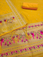Elegant Yellow Banarasi Silk Unstitched Dress Material with Dupatta