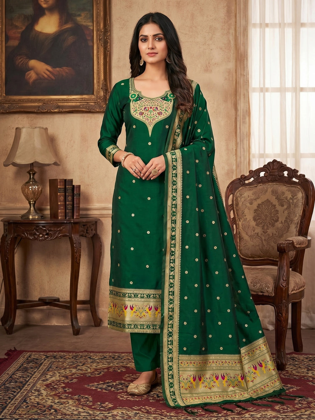 Elegant Bottle Green Banarasi Silk Unstitched Dress Material with Dupatta