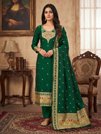 Elegant Bottle Green Banarasi Silk Unstitched Dress Material with Dupatta
