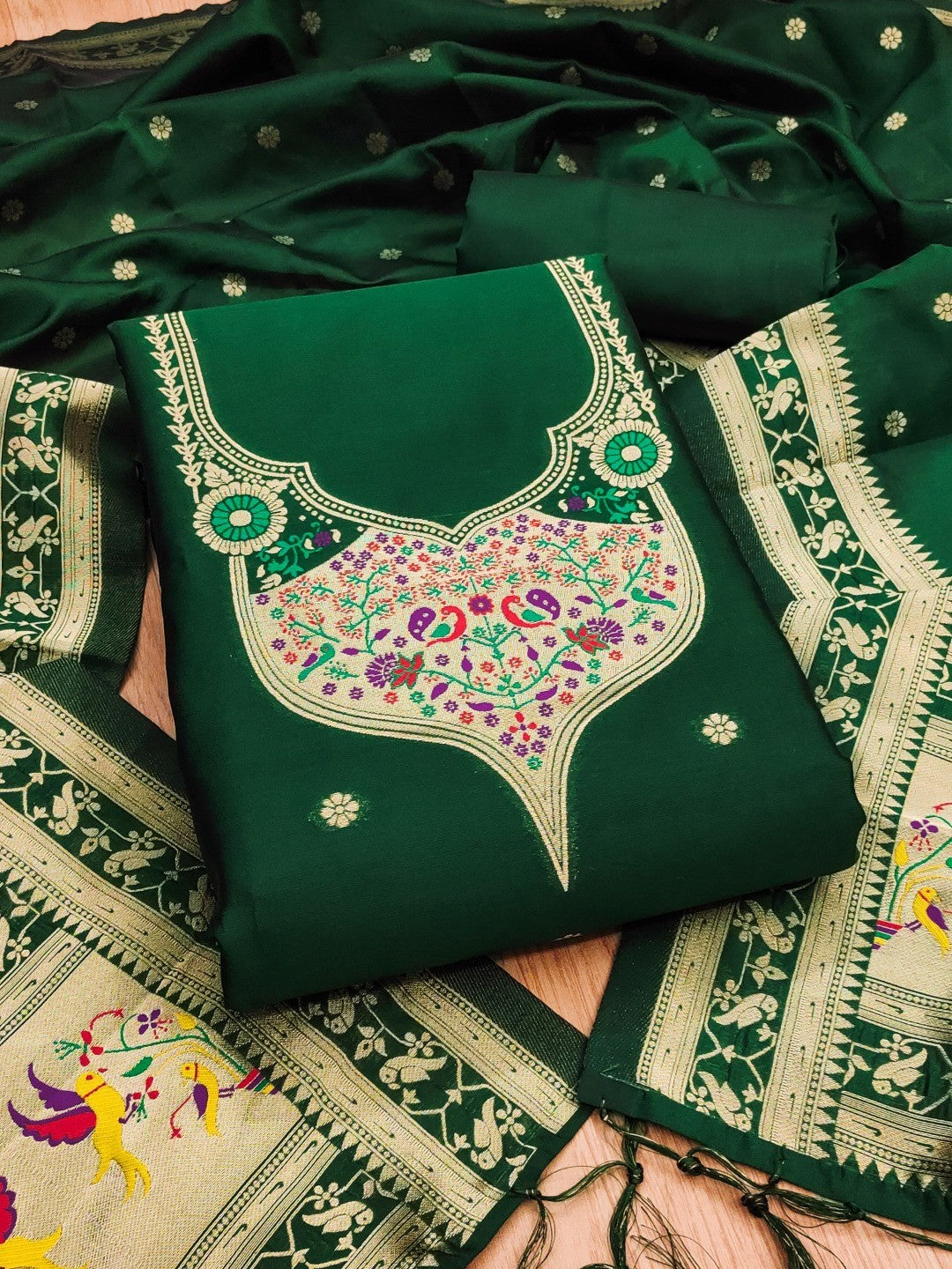 Elegant Bottle Green Banarasi Silk Unstitched Dress Material with Dupatta