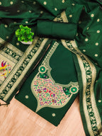 Elegant Bottle Green Banarasi Silk Unstitched Dress Material with Dupatta