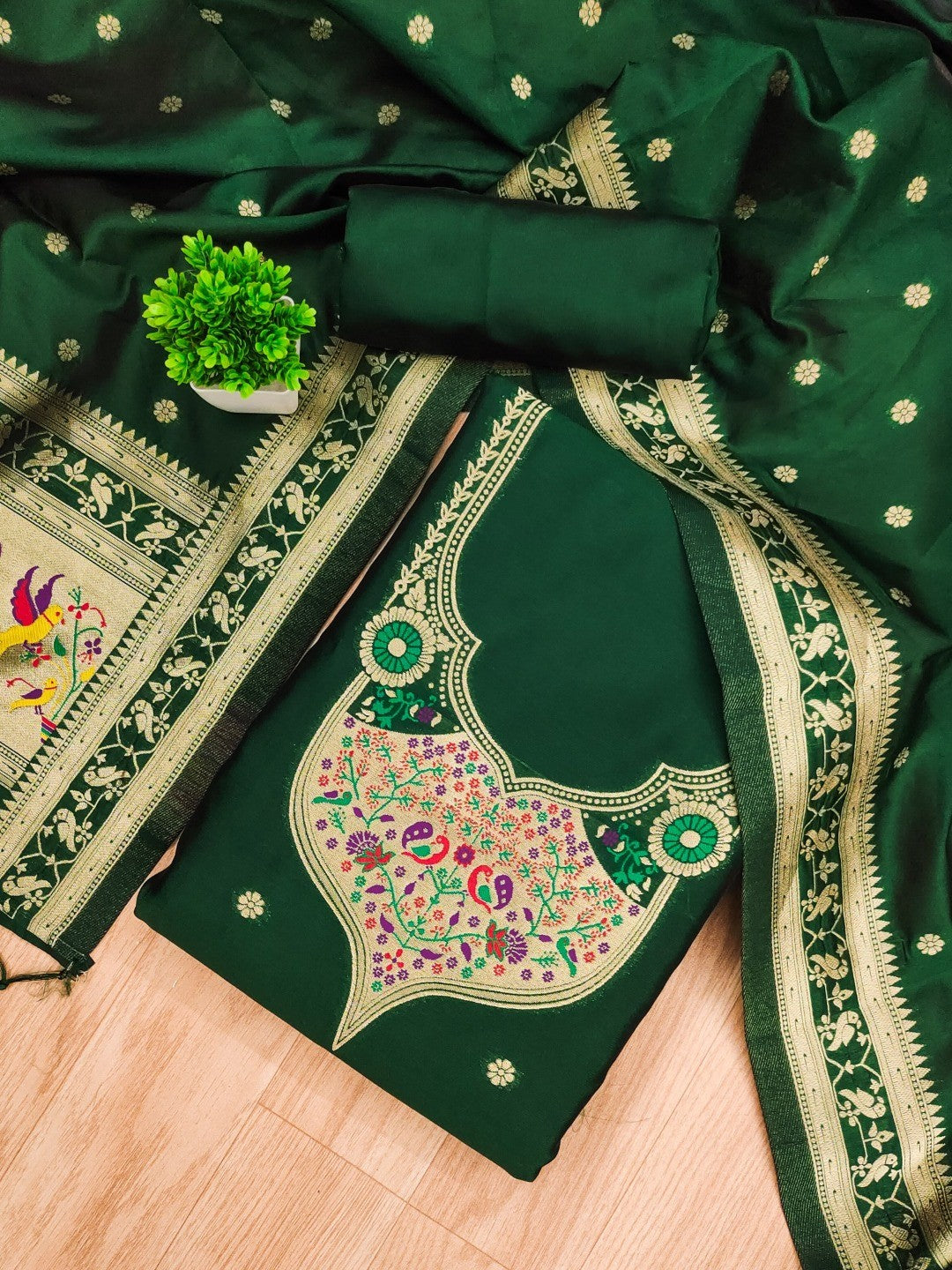 Elegant Bottle Green Banarasi Silk Unstitched Dress Material with Dupatta
