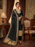 Elegant Black Banarasi Silk Unstitched Dress Material with Dupatta