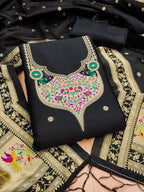 Elegant Black Banarasi Silk Unstitched Dress Material with Dupatta
