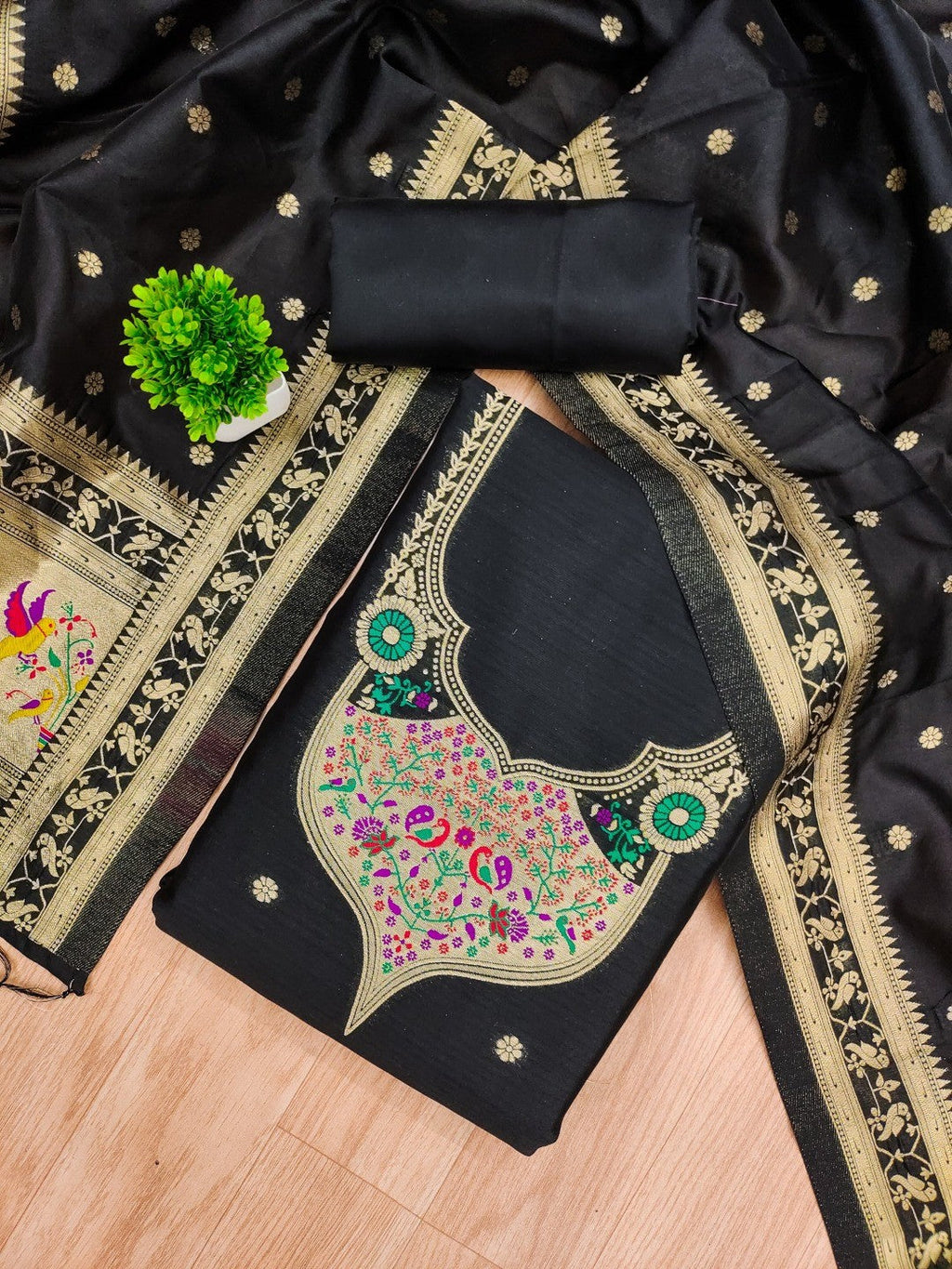 Elegant Black Banarasi Silk Unstitched Dress Material with Dupatta