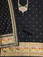 Elegant Black Banarasi Silk Unstitched Dress Material with Dupatta