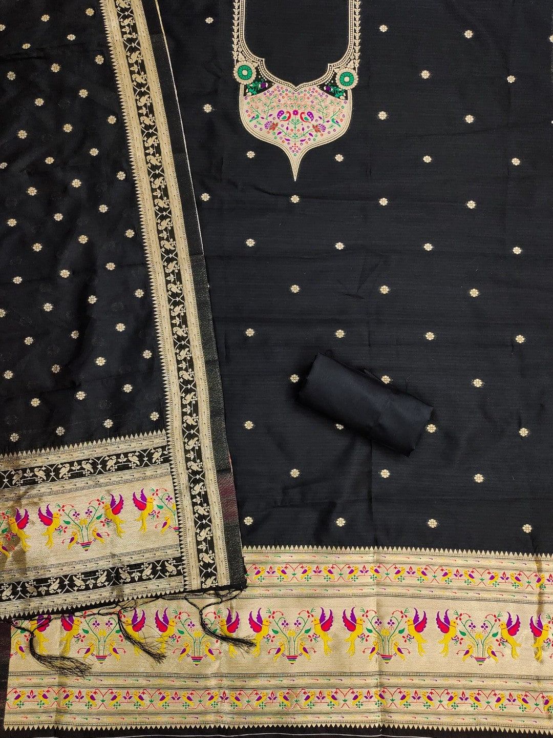 Elegant Black Banarasi Silk Unstitched Dress Material with Dupatta