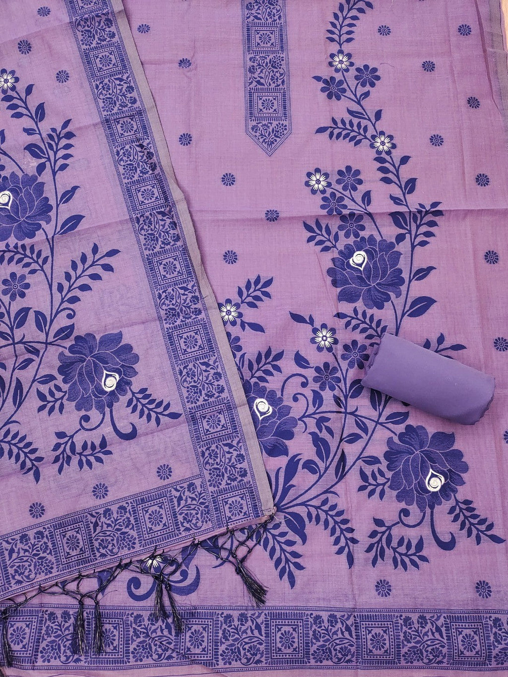 Purple Cotton Blend Dress Material with Floral Patterns and Jamdani Woven Detailing