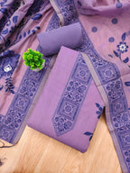 Purple Cotton Blend Dress Material with Floral Patterns and Jamdani Woven Detailing