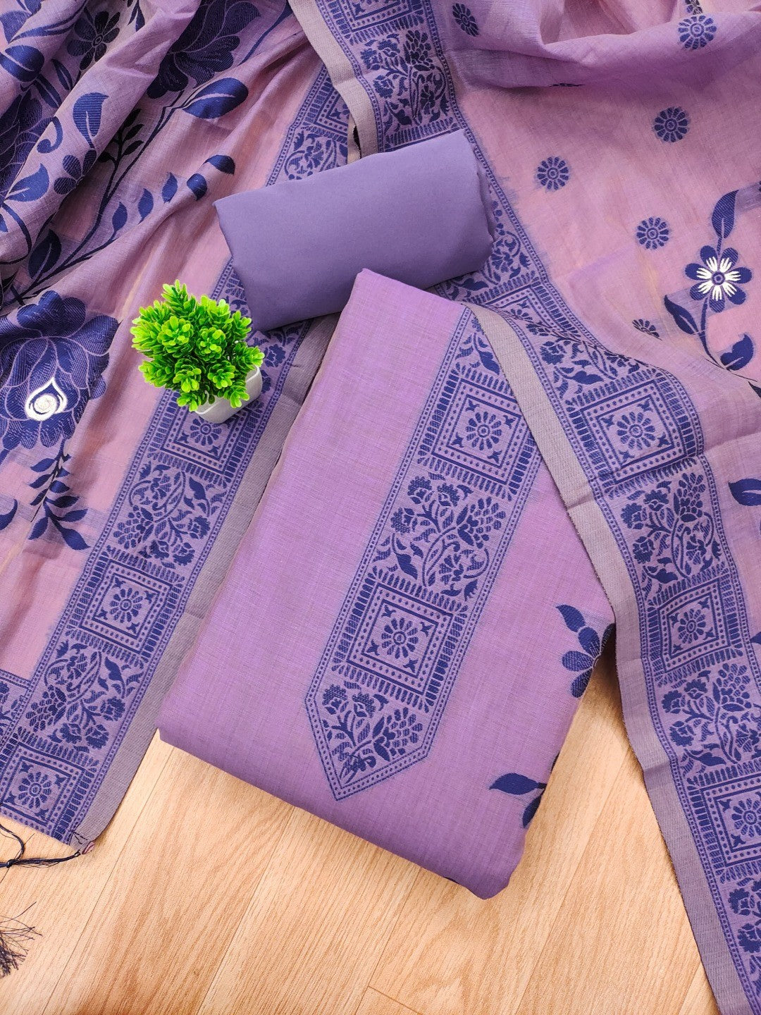 Purple Cotton Blend Dress Material with Floral Patterns and Jamdani Woven Detailing