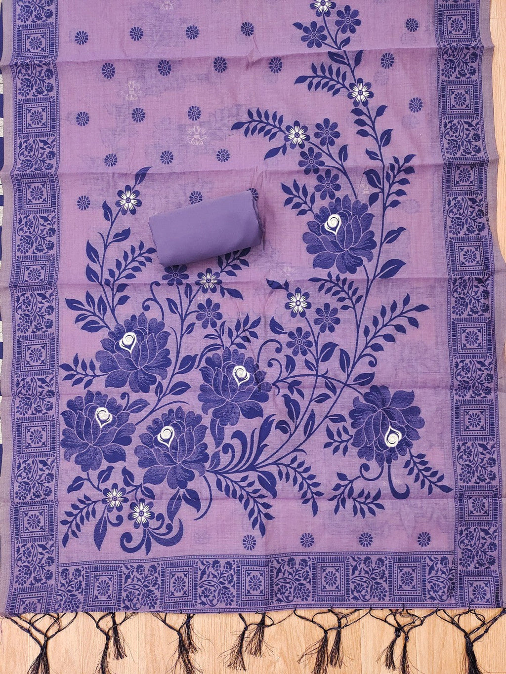 Purple Cotton Blend Dress Material with Floral Patterns and Jamdani Woven Detailing