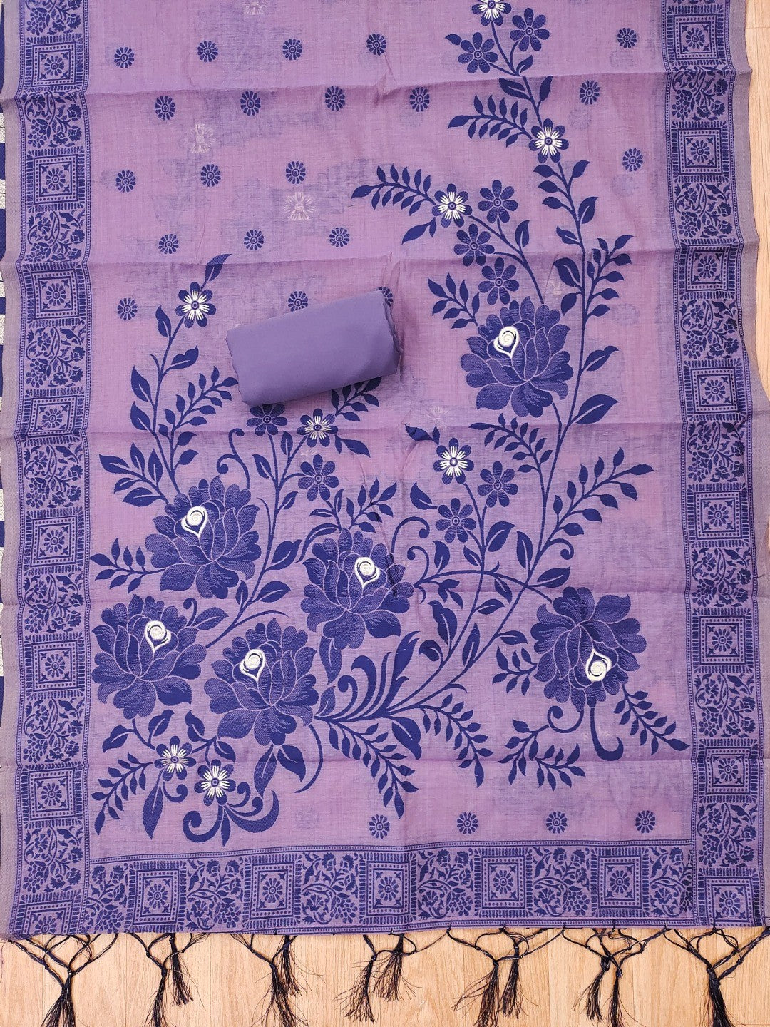 Purple Cotton Blend Dress Material with Floral Patterns and Jamdani Woven Detailing