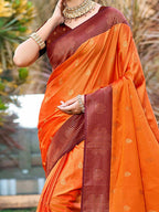 Graceful Orange Zari Woven Silk Blend Saree With Floral Motif Detailing & Elegant Tassels Pallu
