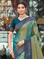 Graceful Rama Green Zari Woven Silk Blend Saree With Floral Motif Detailing & Elegant Tassels Pallu