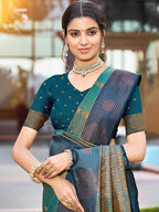 Graceful Rama Green Zari Woven Silk Blend Saree With Floral Motif Detailing & Elegant Tassels Pallu