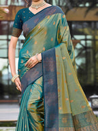 Graceful Rama Green Zari Woven Silk Blend Saree With Floral Motif Detailing & Elegant Tassels Pallu