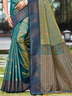 Graceful Rama Green Zari Woven Silk Blend Saree With Floral Motif Detailing & Elegant Tassels Pallu