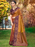Graceful Golden Brown Zari Woven Silk Blend Saree With Floral Motif Detailing & Elegant Tassels Pallu