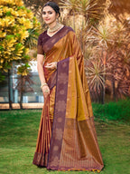 Graceful Golden Brown Zari Woven Silk Blend Saree With Floral Motif Detailing & Elegant Tassels Pallu