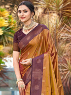 Graceful Golden Brown Zari Woven Silk Blend Saree With Floral Motif Detailing & Elegant Tassels Pallu