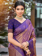 Graceful Violet Zari Woven Silk Blend Saree With Floral Motif Detailing & Elegant Tassels Pallu
